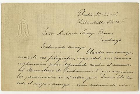 Primera imagen del registro Carta sobre una tarjeta de Lucrecia L. De Arrau para Antonio Orrego Barrios
