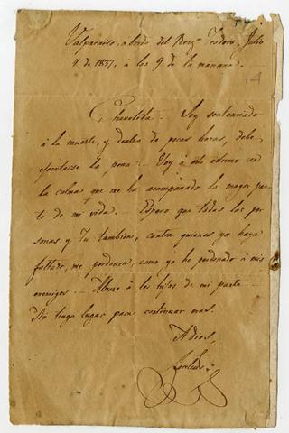 Primera imagen del registro Carta a Chavelita. Se despide de su esposa por estar sentenciado