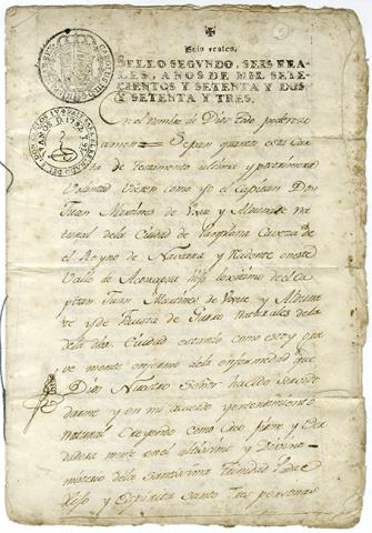 Primera imagen del registro Testamento del Capitan Juan Martínez de Valle y Aldunate