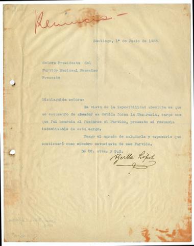 Primera imagen del registro Carta de Bertha López a la presidenta del Partido Nacional Femenino