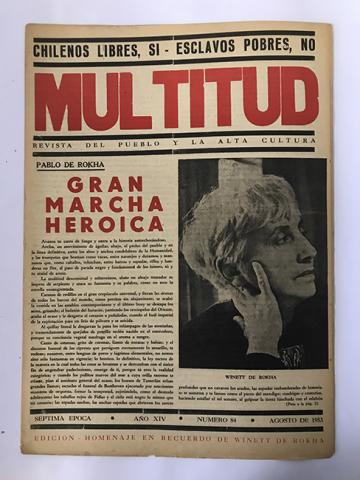 Primera imagen del registro Revista Multitud. Séptima época. Año XIV N° 84 agosto de 1953. Chilenos libres, SI-Esclavos pobres, NO