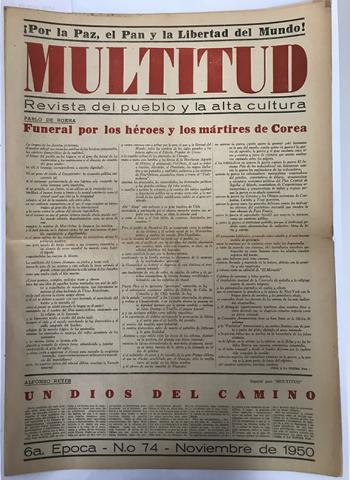 Primera imagen del registro Revista Multitud. Sexta época. N° 74 noviembre de 1950. ¡Por la Paz, el Pan y la Libertad de Mundo!