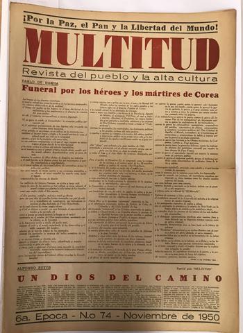 Primera imagen del registro Revista Multitud. Sexta época. N° 74 noviembre de 1950. ¡Por la Paz, el Pan y la Libertad de Mundo!