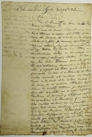 Primera imagen del registro Carta de Juan Agustín Vives sobre el asesinato de Diego Portales en manos del Coronel José Antonio Vidaurre