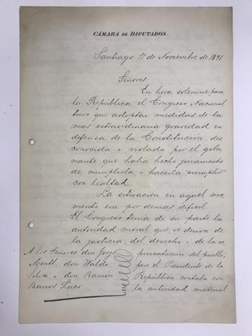 Primera imagen del registro Documento firmado por la Cámara de Diputados dirigido a Jorge Montt, Waldo Silva y Ramón Barros Luco