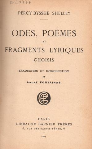 Primera imagen del registro Odes, poèmes et Fragments Lyriques Choisis
