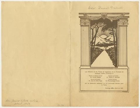 Primera imagen del registro Menú de comida ofrecida por los Oficiales de las Tropas de Ingenieros de la Provincia de Santiago, en homenaje al General Carlos Ibáñez (Ministro de Guerra), Generales de división Pedro P. Dartnell y Juan E. Ortiz Vega, y el Teniente General Marmaduque