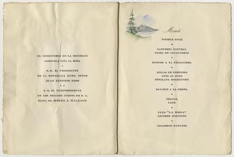 Primera imagen del registro Menú de comida ofrecida por el Directorio de la Sociedad Agricola Viña La Rosa, al Presidente de la República Juan Antonio Ríos y al Vicepresidente de los Estados Unidos de Norte América, Henry A. Wallace