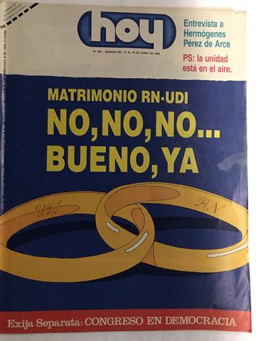 Primera imagen del registro Revista HOY año XII n°621. 12 junio 1989-18 junio 1989. Matrimonio RN-UDI
