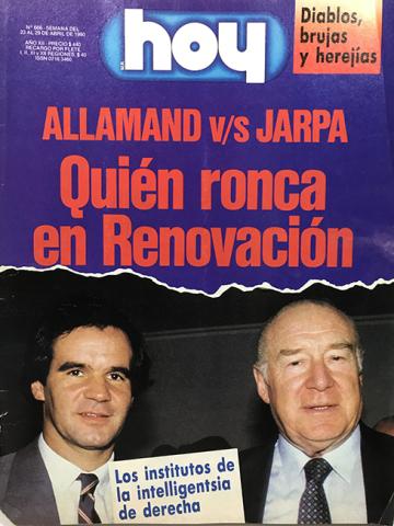 Primera imagen del registro Revista HOY año XIII n°666. 23 abril 1990-29 abril 1990. Allamand v/s Jarpa. Quién ronca en Renovación
