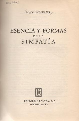 Primera imagen del registro Esencia y Formas de la Simpatía