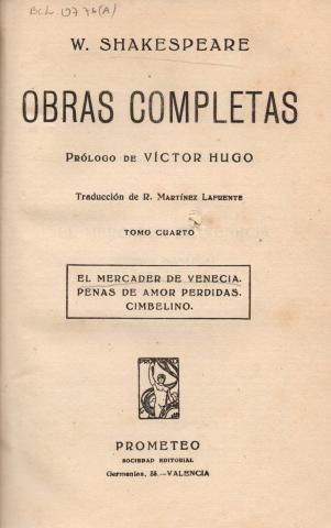 Primera imagen del registro Obras completas de Shakespeare. El Mercader de Venecia