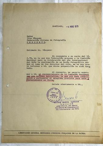 Primera imagen del registro Carta de Gloría Baeza Concha a Tito Vásquez por propuesta fotográfica Año internacional del niño