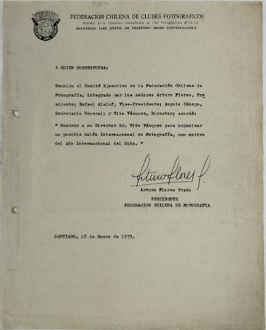Primera imagen del registro Carta de Arturo Flores Prado de la Federación Chilena de Fotografia