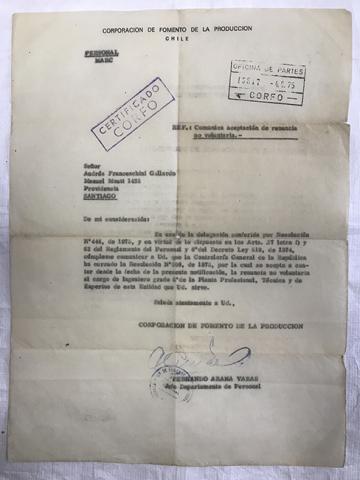 Primera imagen del registro Certificado CORFO. Aceptación de renuncia no voluntaria, Señor Andrés Franceschini Gallardo