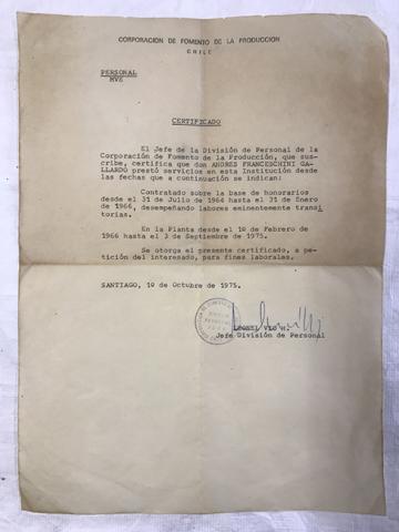 Primera imagen del registro Certificado CORFO al sr. Andrés Franceschini Gallardo. Con fines laborales