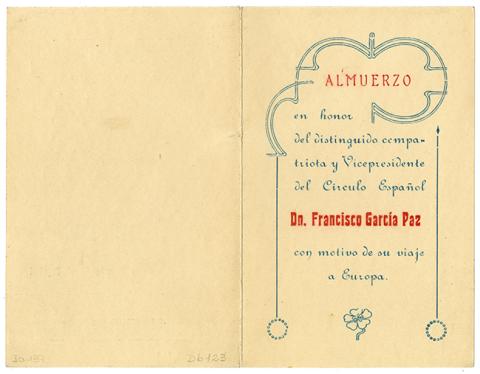 Primera imagen del registro Menú de almuerzo ofrecido en honor del Vicepresidente del Círculo Español, Francisco García Paz con motivo de su viaje a Europa