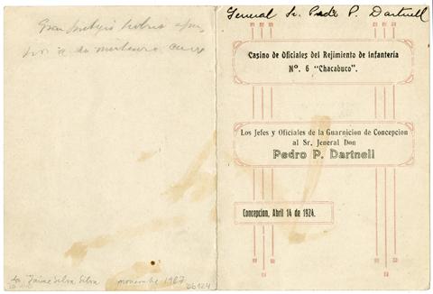Primera imagen del registro Menú de comida ofrecida por los Jefes y Oficiales de la Guarnición de Concepción al General Pedro Pablo Dartnell Encina