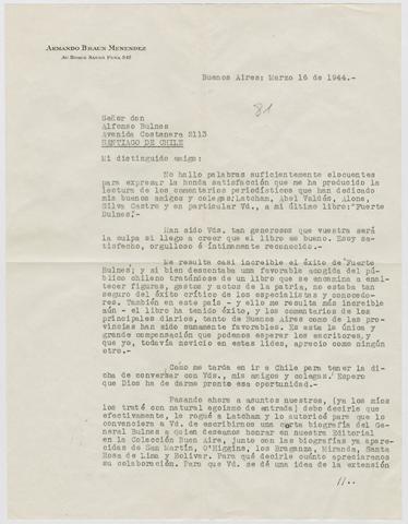 Primera imagen del registro Carta de Armando Braun a Alfonso Bulnes