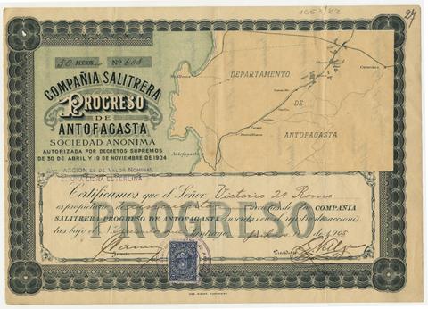 Primera imagen del registro Certificado de acciones de la Compañía Salitrera Progreso de Antofagasta