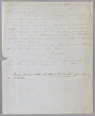 Primera imagen del registro Carta de Benjamín Vicuña Mackenna a Bernardo Vicuña