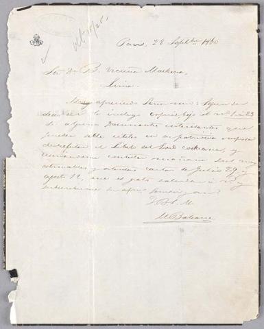 Primera imagen del registro Carta de M. Balearre a Benjamín Vicuña Mackenna