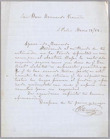 Primera imagen del registro Carta de M. Dueñas a Bernardo Vicuña