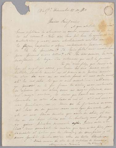 Primera imagen del registro Carta de Bernardo Vicuña a Benjamín Vicuña Mackenna