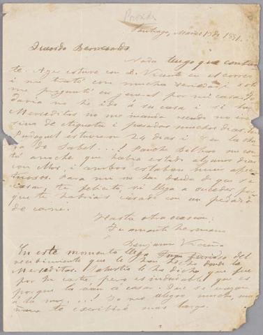Primera imagen del registro Carta de Benjamín Vicuña Mackenna a Bernardo Vicuña