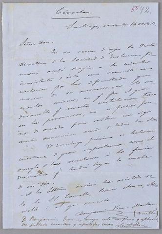 Primera imagen del registro Carta de Benjamín Vicuña Mackenna a Directorio de la Sociedad de Instrucción Primaria