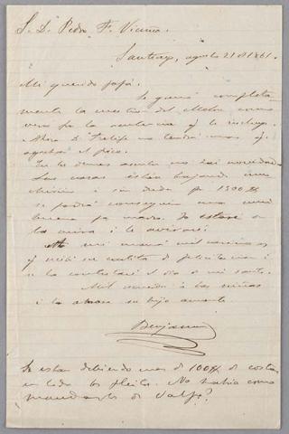 Primera imagen del registro Carta de Benjamín Vicuña Mackenna a Pedro Félix Vicuña