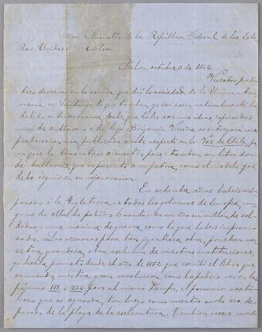 Primera imagen del registro Carta de Pedro Félix Vicuña a Ministro de Estados Unidos