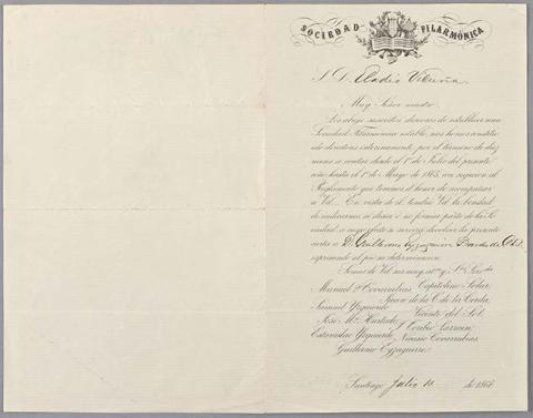 Primera imagen del registro Carta de Sociedad Filarmónica a Pedro Félix Vicuña