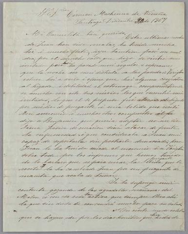 Primera imagen del registro Carta de Carmen Vicuña a Carmen Mackenna