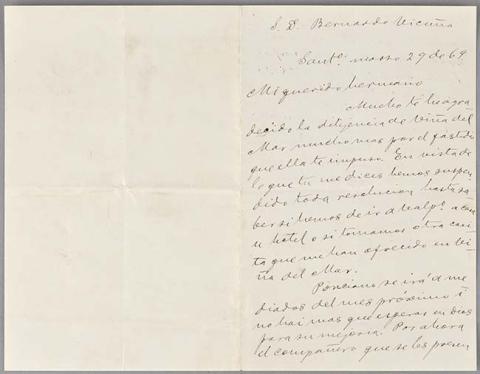 Primera imagen del registro Carta de Benjamín Vicuña Mackenna a Bernardo Vicuña