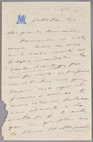 Primera imagen del registro Carta de Benjamín Vicuña Mackenna a Bernardo Vicuña
