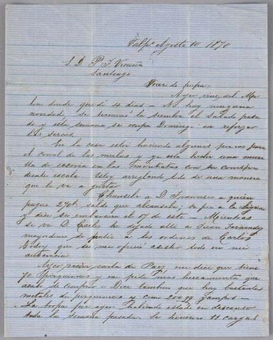 Primera imagen del registro Carta de Bernardo Vicuña a Pedro Félix Vicuña