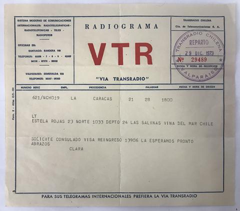 Primera imagen del registro Telegrama VTR (Via Transradio). Estela Rojas