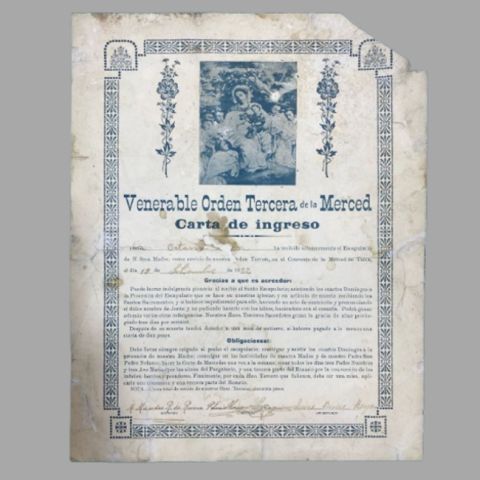 Primera imagen del registro Carta de Ingreso a la Venerable Orden Tercera de la Merced