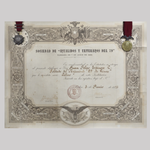 Primera imagen del registro Diploma de la Sociedad de Invalidos y Veteranos del 79 Otorgado a don Juan Felipe Espinoza