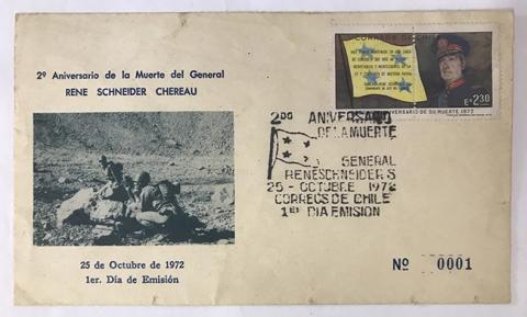 Primera imagen del registro Sobre con estampilla por el 2° Aniversario de la muerte del General Rene Schneider Chereau