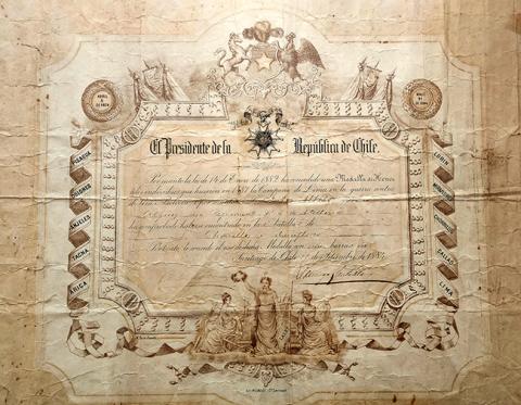 Primera imagen del registro Diploma medalla de honor otorgado a Julio Albelo por participación en Guerra del Pacífico