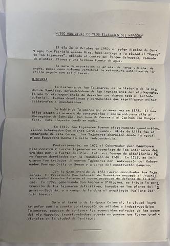 Primera imagen del registro Díptico y carta sobre Museo Municipal de Los Tajamares del Mapocho
