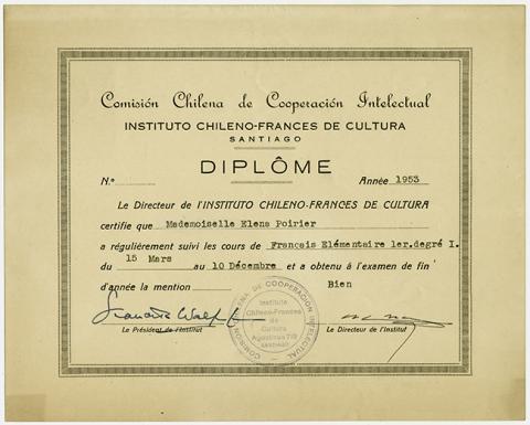 Primera imagen del registro Diploma otorgado a Elena Poirier por el Instituto Chileno-Francés de Cultura