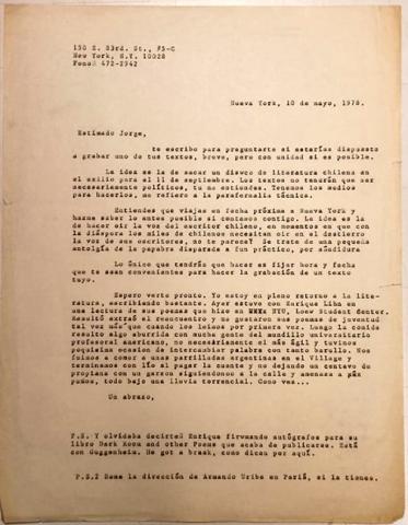 Primera imagen del registro Copia de carta de Claudio Giaconi dirigida a Jorge Teillier, para realizar un disco de literatura chilena.