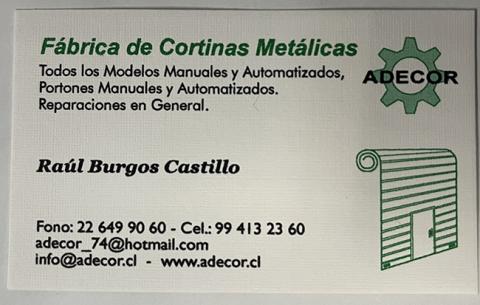 Primera imagen del registro Tarjeta de presentación de Raul Borges Castillo. Fábrica de cortinas metálicas